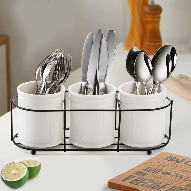 Porte-ustensiles 3 pièces en céramique avec support en métal - Rangement multi-usages pour couverts de cuisine