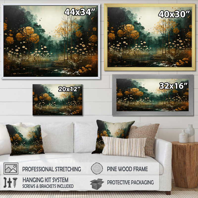 «Yellow Green Plants Enchanted Forest III», reproduction d'art sur toile, H 24 po x l 32 po x P 1 po, Cadre simple blanc