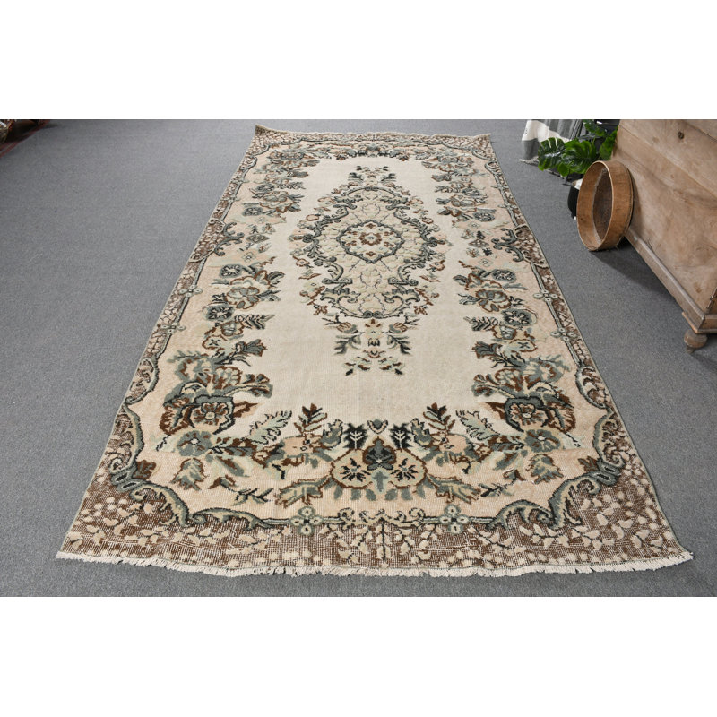 Grand tapis turc Anatolian rétro beige pour la salle à manger ou le salon, fabriqué en laine beige / vert