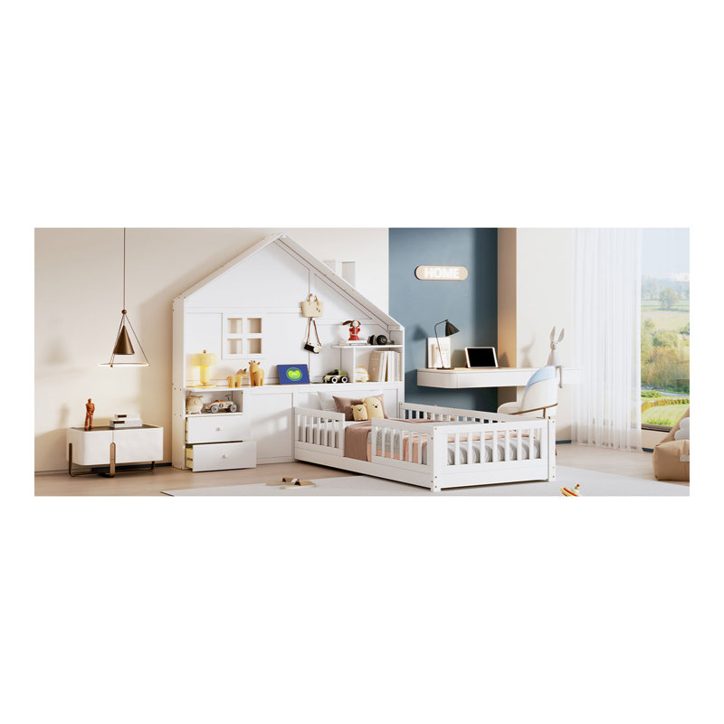Lit simple avec fenêtre et tiroirs de chevet, lit plateforme avec tablettes et ensemble de prises et port USB, blanc