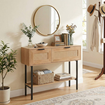 Console en rotin robuste avec 2 armoires de rangement et structure en acier au carbone pour l'entrée du salon