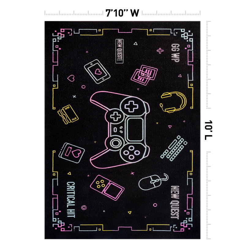 Neon Arcade Controller, Gaming Area Rug, Black, Non-Slip Backing, 7 pi 10 po x 10 pi