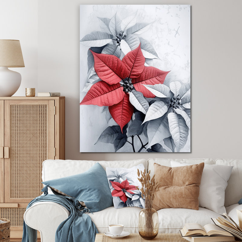 «Poinsettia Passion II» rouge et gris - reproduction sur toile, H 32 po x l 16 po x P 1 po, Toile tendue