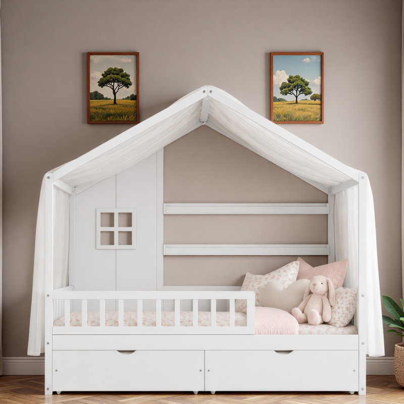 Lit pour enfant avec toit, rideaux, 2 tiroirs de rangement et 2 tablettes de rangement Montessori, Lit simple, Blanc