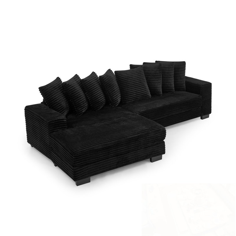 Canapé modulaire en L avec 8 coussins et repose-pieds, Velours côtelé noir