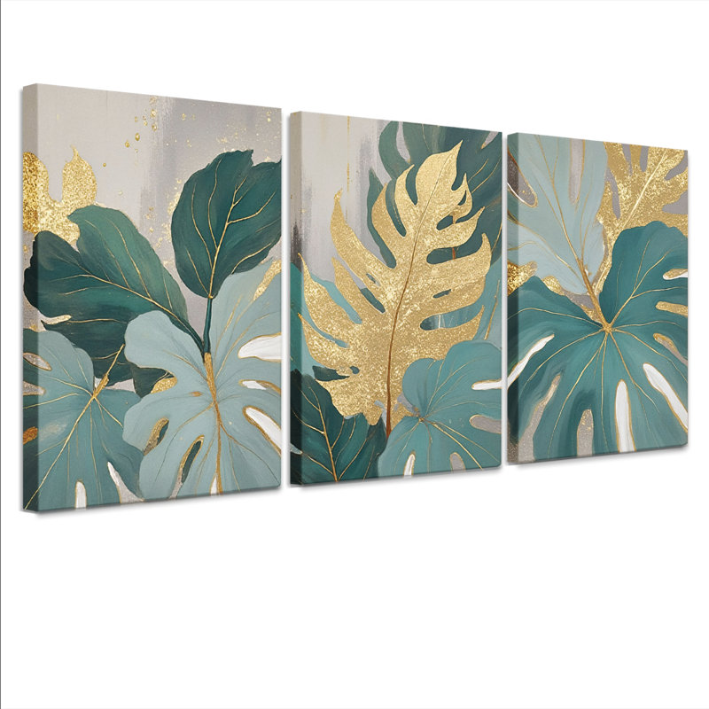 Or et sarcelle, feuille de Monstera, impression sur toile, ensemble botanique moderne (ensemble de 3), H 36 po x l 72 po
