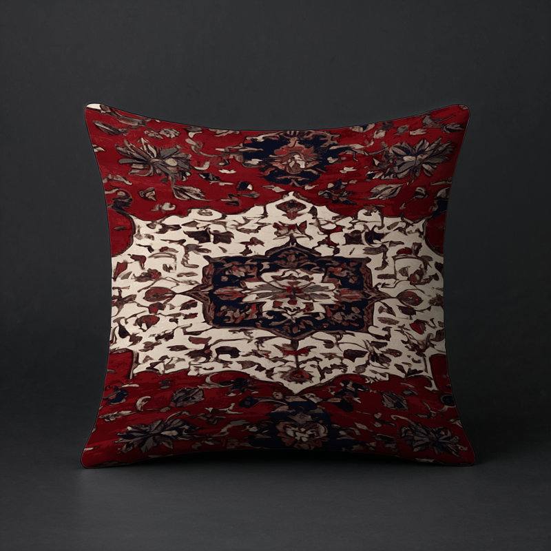 Coussin décoratif intérieur et extérieur Modern, Carré 16 po, Rouge / crème / damas brun