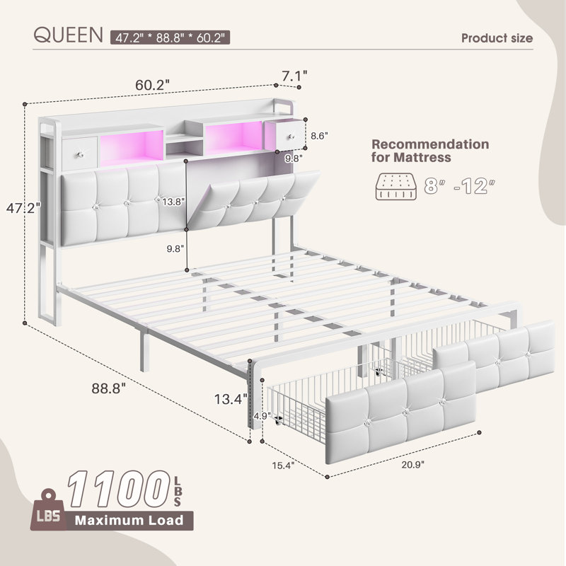 Modern Upholstered Headboard Bed With Storage Drawers & Shelves, Usb Charging Headboard, And Customizable Led Mood Lighting，full/queen/king