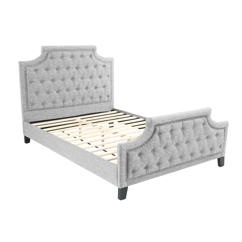 Grand lit gris avec tissu en polyfibre et structure robuste en bois