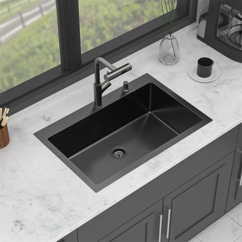 33" Drop-In Gunmetal Black Kitchen Sink With Pull-Out Faucet And Soap Dispenser - 33 X 22 X 10 Inch Single Bowl 16 Gauge Stainless Steel Topmount Kitchen Sink Basin