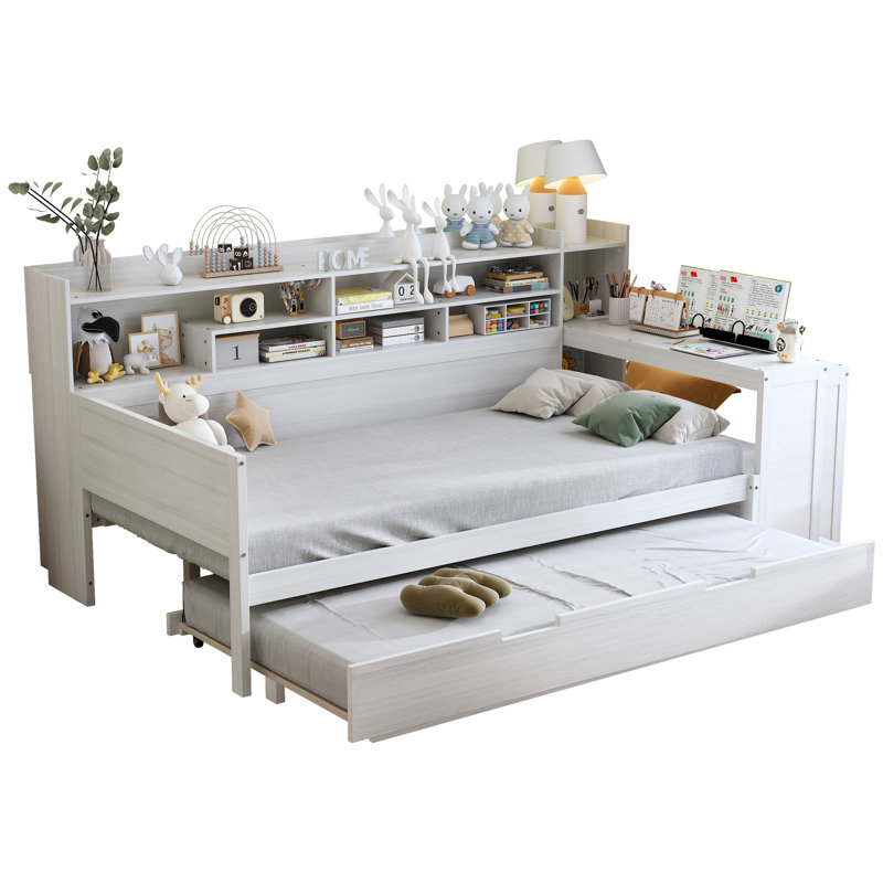 Wooden Daybed With Storage Shelves, Multi-Functional Bed With Trundle Bed And  Study Desk, Twin, Antique White