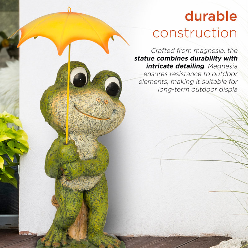 Green Frog Garden Statue with Yellow Umbrella, 23"