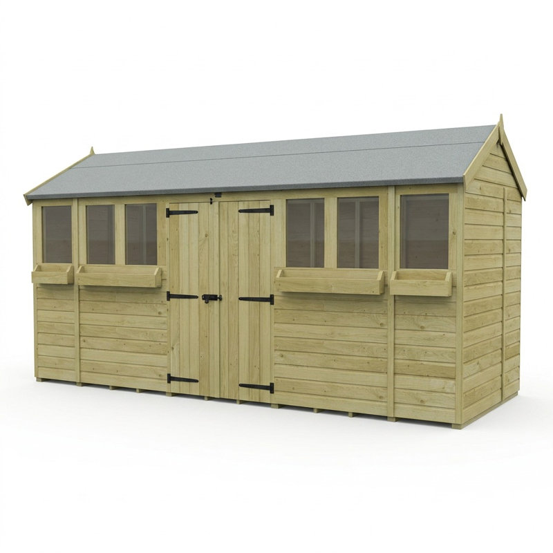 Total Sheds 16ft x 8ft Apex Summer Shed - Toughened Glass External Planters - Pressure Treated Timber - UK Manufactured