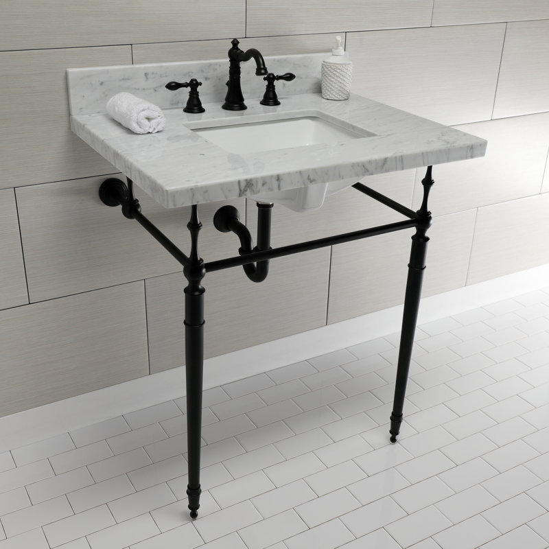 Kingston Brass Edwardian 30-Inch Carrara Marble Console Sink with Brass Legs (8-Inch, 3-Hole), Marble White/Matte Black