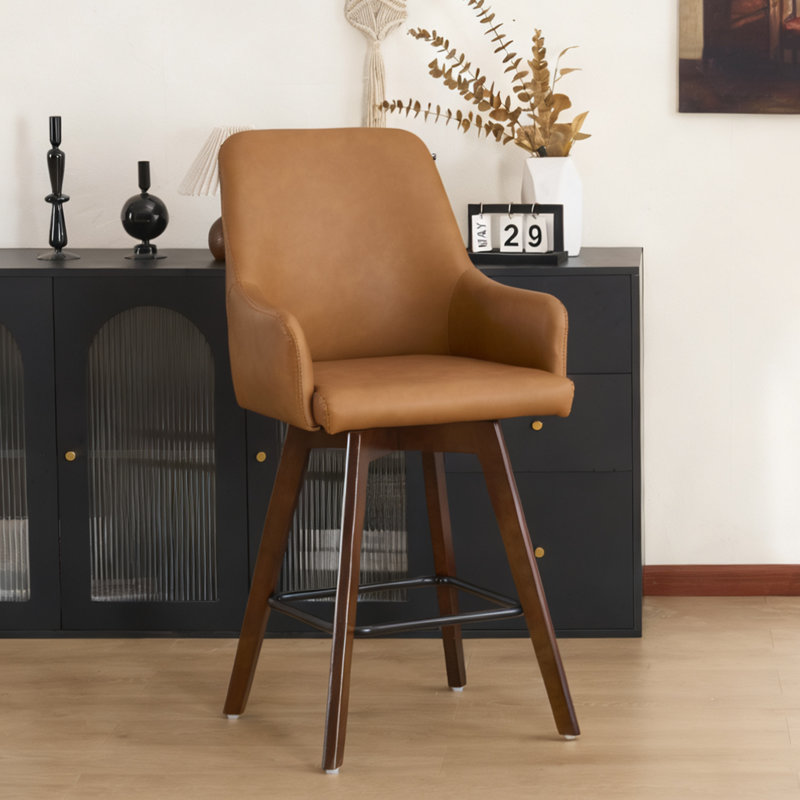 Tabouret de bar et de comptoir pivotant rembourré en bois massif, Similicuir brun, 1