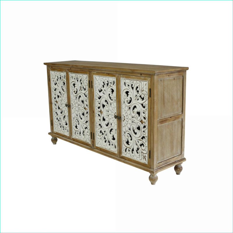 Armoires, armoire d'appoint de style campagne vieillie avec 4 portes sculptées et amp; Rangement | Beige | Panneau de fibres à densité moyenne