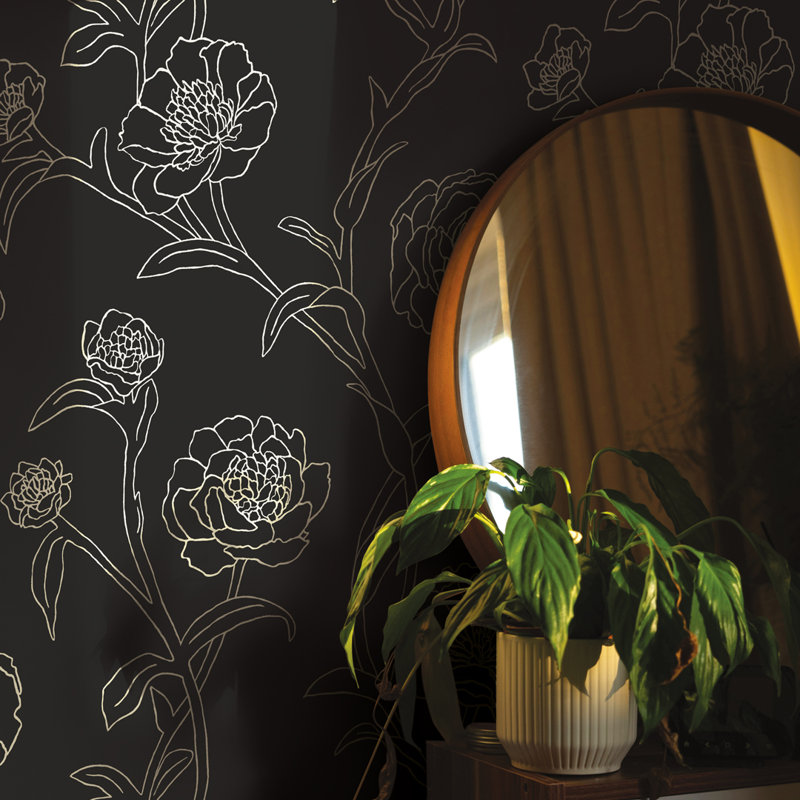 Papier peint adhésif pivoines, L 20,5 po x l 33 po, Noir et or
