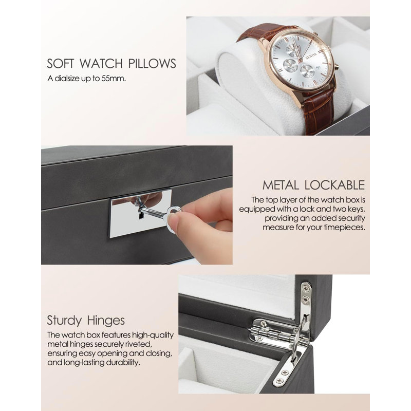 10-Slot Watch Box in Leather with Valet Drawer, Luxury Watch Case Display Organizer with Ultra Soft Microsuede Liner