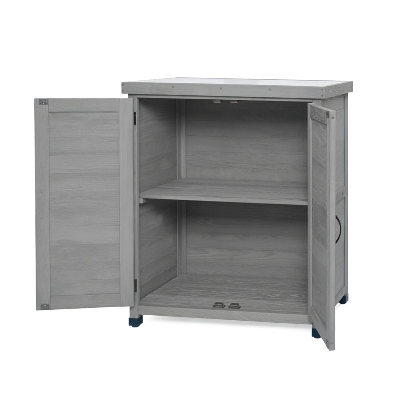 Table de rempotage avec armoire de rangement et plateau en métal, grise, design extérieur, pattes réglables, convient à divers environnements extérieurs