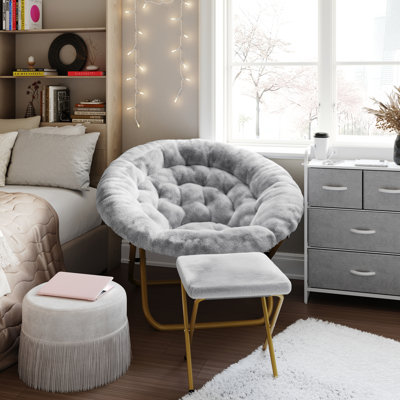 Oversize Portable Faux Fur Folding Saucer Moon Chair with Folding Ottoman