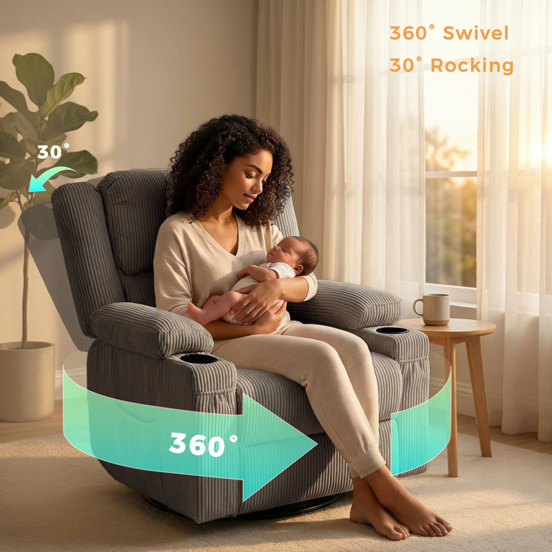 360 Degree Swivel Rocker Recliner Chair with Heat and Massage, Gray