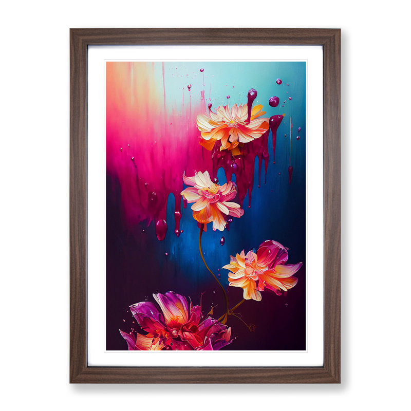 Flowers Dripping Paint No.3 Abstract - Framed Print, 34cm H x 25cm W, Walnut