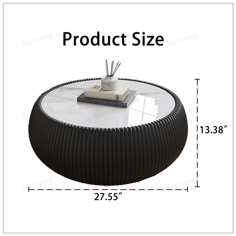 Table basse luxueuse en cuir luxueux en forme de tambour pour meubles de salon modernes, Noir