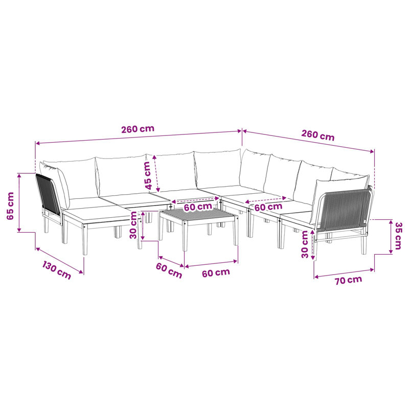  Garden Lounge Set Solid Acacia Wood & Rope Sofa Outdoor Furniture Patio, Cream White, Natural/Black