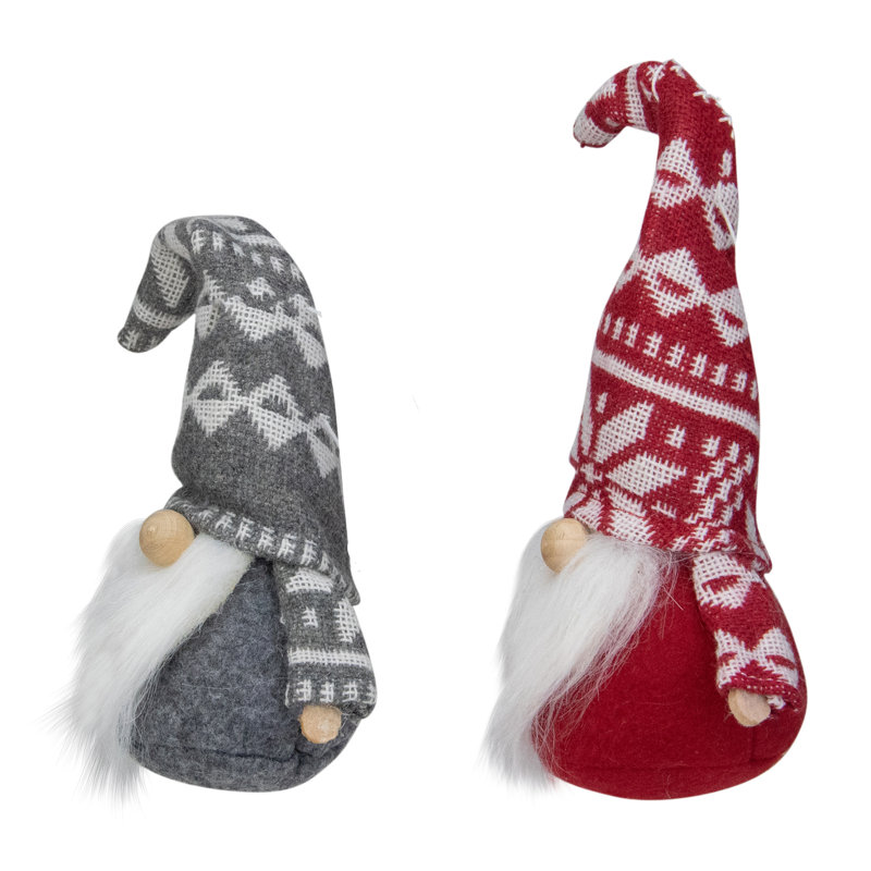 Set of 2 Red and Gray Gnomes with Nordic Hats Christmas Ornaments 7"
