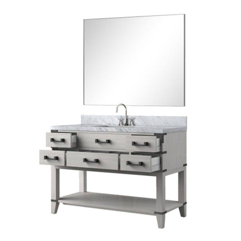 Meuble-lavabo simple.  Comptoir en marbre de Carrare, ensemble de robinet et miroir, Chêne blanc