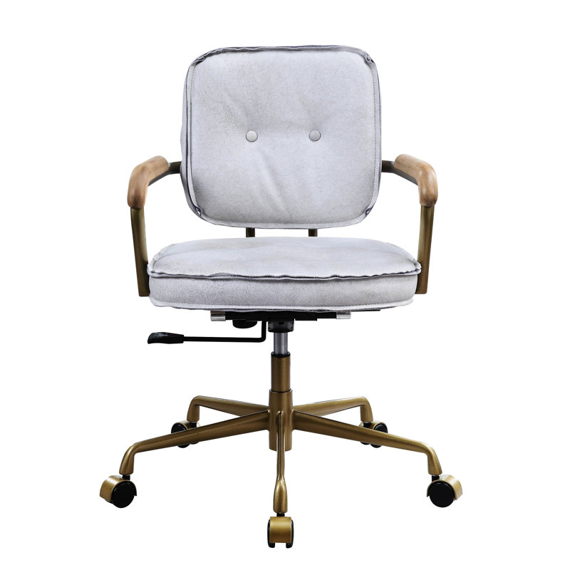 Fauteuil de bureau en cuir blanc - confortable et fonctionnel, pivotant à 360 degrés, hauteur réglable, base, gris antique et option d'espace de travail, look professionnel rétro, coussin de 3 po, mousse D6,5