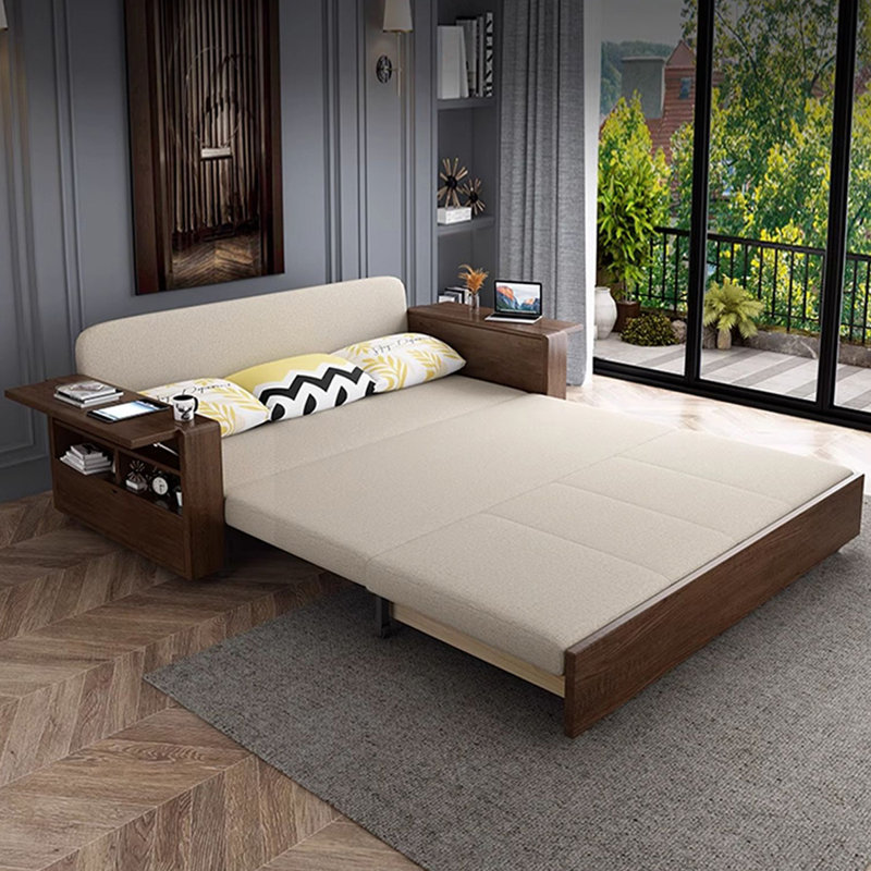 Canapé-lit standard en acier et bois massif beige, brun et coton, H 33,07 po x l 72,5 po x P 31,5 po