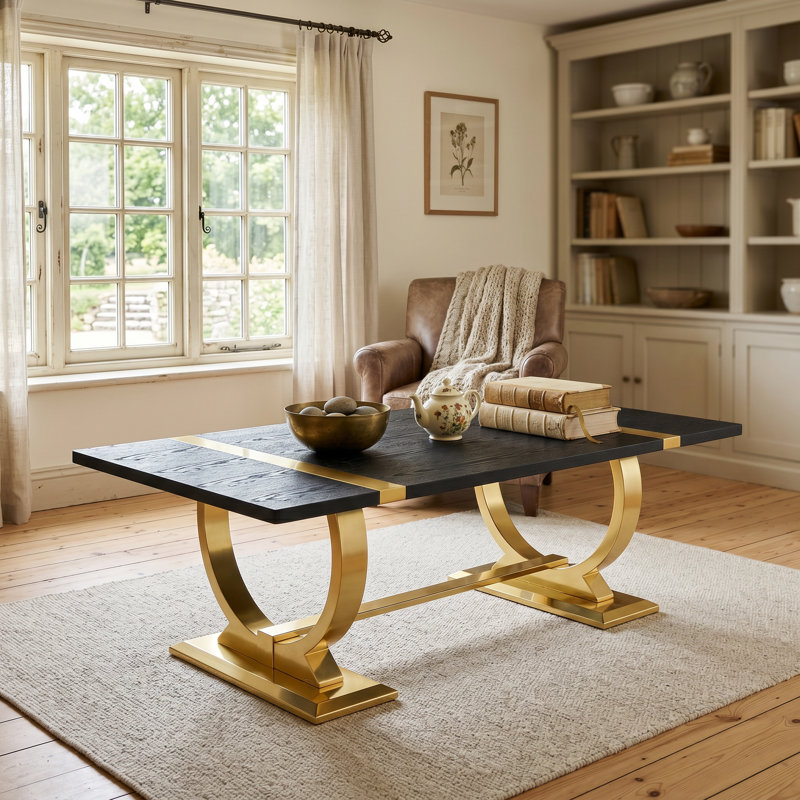  Ensemble de table de salon Balck and Gold de 3, table basse de 50 po avec 2 tables de bout carrées, ensemble de table de café moderne en acier inoxydable poli