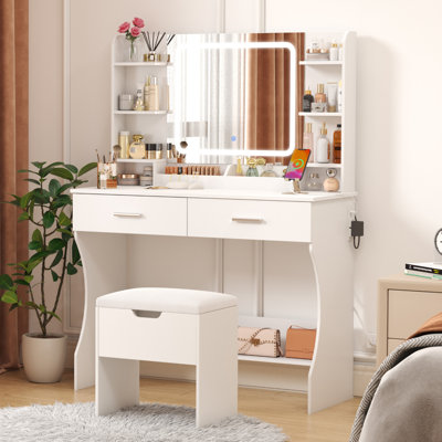 Vanity With Mirror And Led Lights, Adjustable Color/brightness, 2 Power Outlets/ 2 Usb Ports, White Makeup Desk With Storage Stool, 8 Open Shelves, 2 by Wrought Studio
