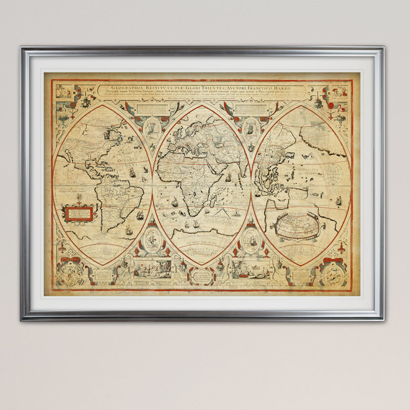 « rétro carte du monde iii », impression, H 20 po x l 24 po x P 1,5 po, Cadre noir