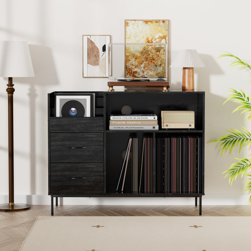 Support pour tourne-disque peu encombrant, armoire de rangement en vinyle avec dessus rabattable et 2 tiroirs, peut contenir 150 disques, noir