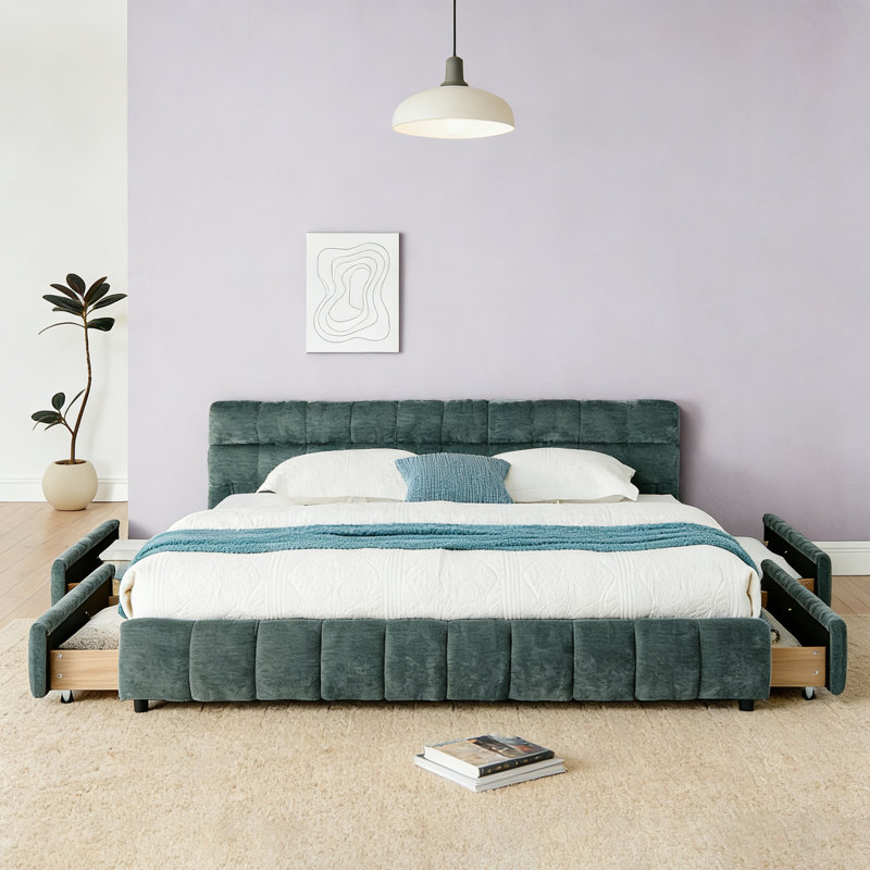 Lit très grand tapissier en chenille avec tiroir de rangement et structure solide, Bleu vert