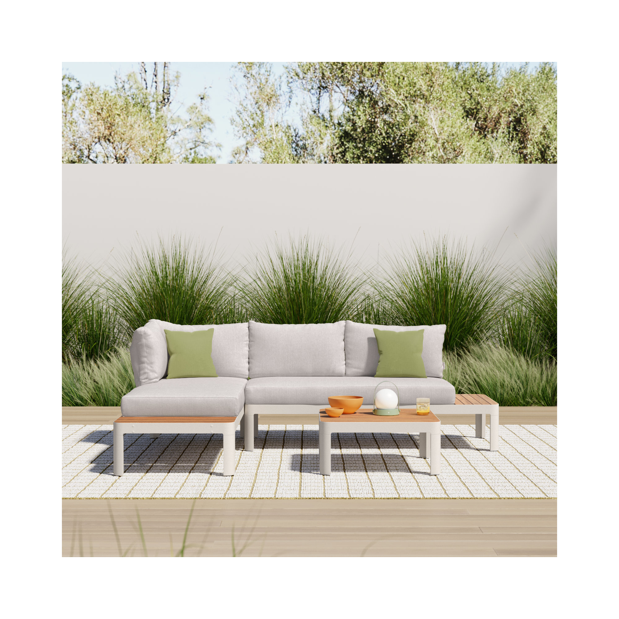 Brix 3 - Piece Teak Outdoor Sectional Set, Light Gray Cushion/Beige Frame