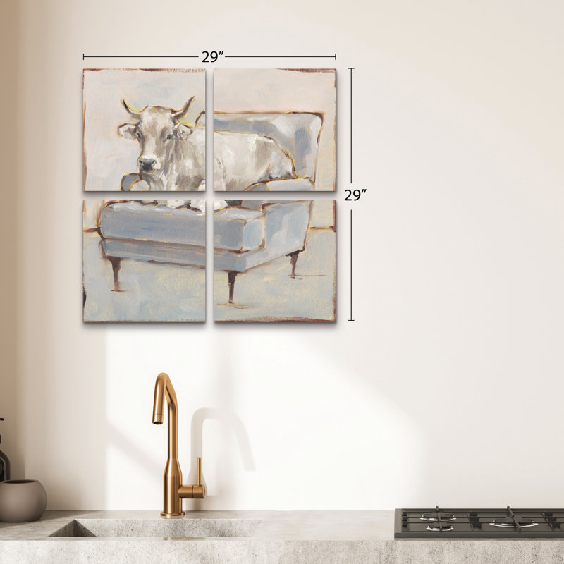 Ensemble de 4 panneaux muraux - Ethan Harper «Moo-ving In III», art mural sur toile pour le salon, la chambre à coucher ou le bureau 