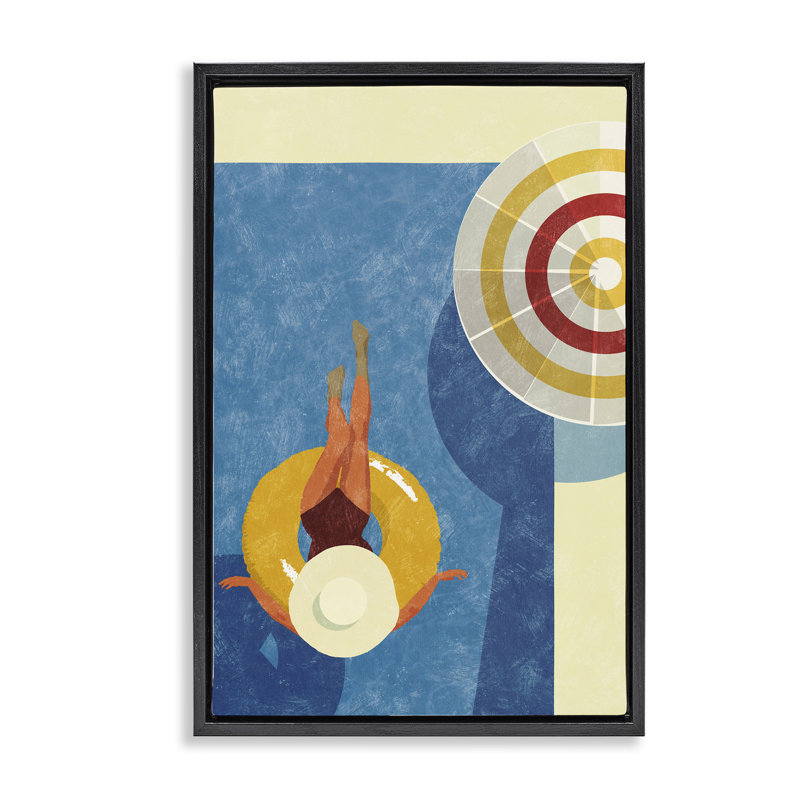 «Relaxing on Pool Float», toile encadrée dorée par Victoria Barnes, H 25 po x l 17 po, Cadre flottant noir de jais