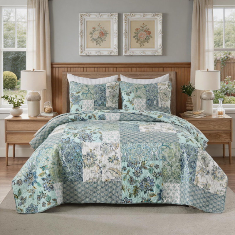 HoneiLife Blue lodi Cotton Handmade Patchwork 3-Piece King Size Quilt Sets, King Quilt + 2 Standard Pillowcases, Light Blue