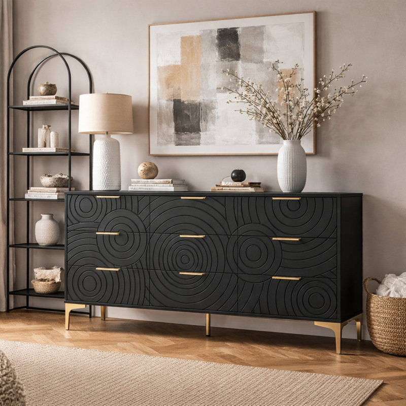Commode moderne à 9 tiroirs avec commode de rangement pour le salon de la chambre à coucher, Noir