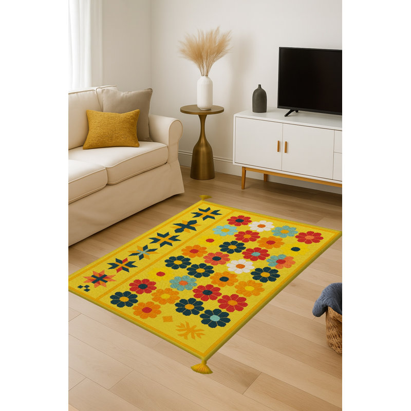 Tapis blanc tissé à motif floral lavable Mosso, 2'6" x 9'10"