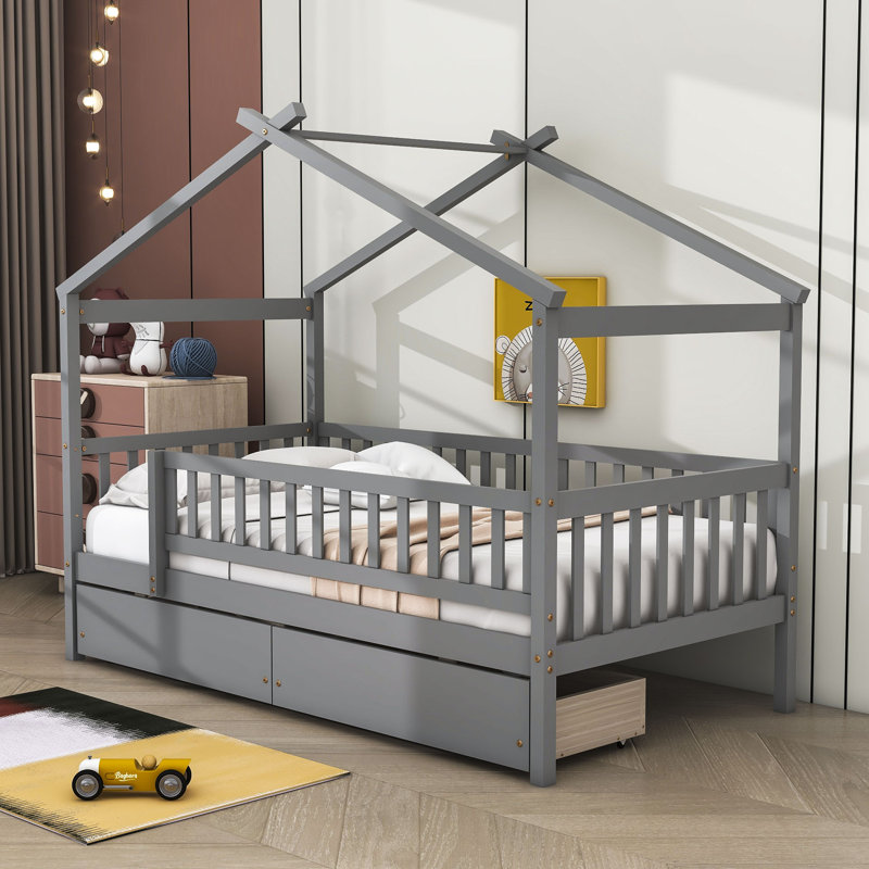 Heulwen Two Drawers Wooden House Bed, Gray, Twin
