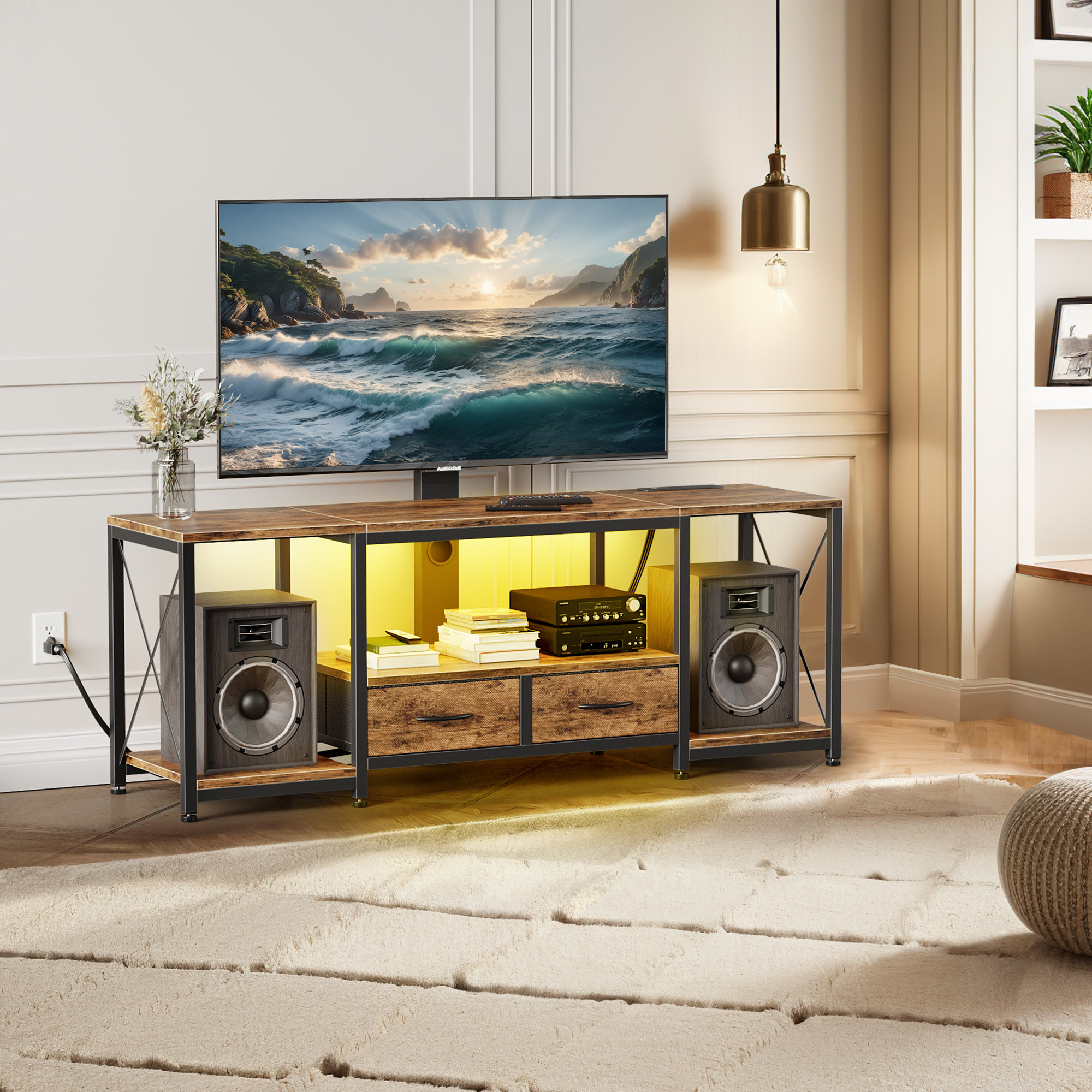 17 Stories Oluseyi TV Stand with Mount/Fabric Drawers/Power Outlets/LED ...