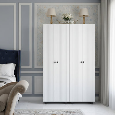 Modern Storage Pantry Cabinet with Vertical Grooved Doors and Adjustable Shelves