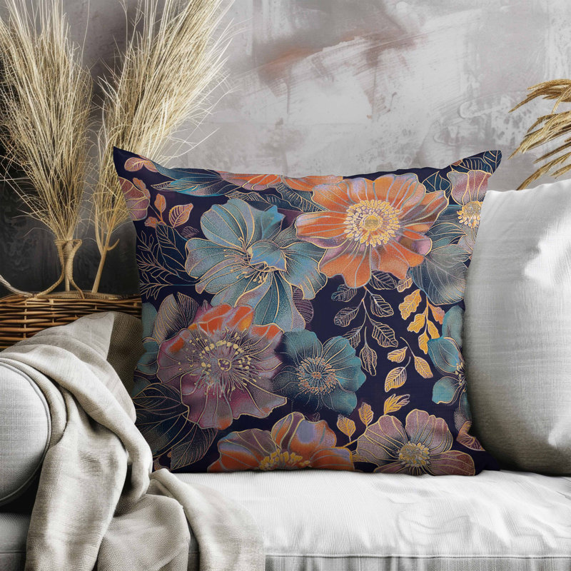 Coussin Painted Petalscape, Carré 20 po, Bleu / orange / marine