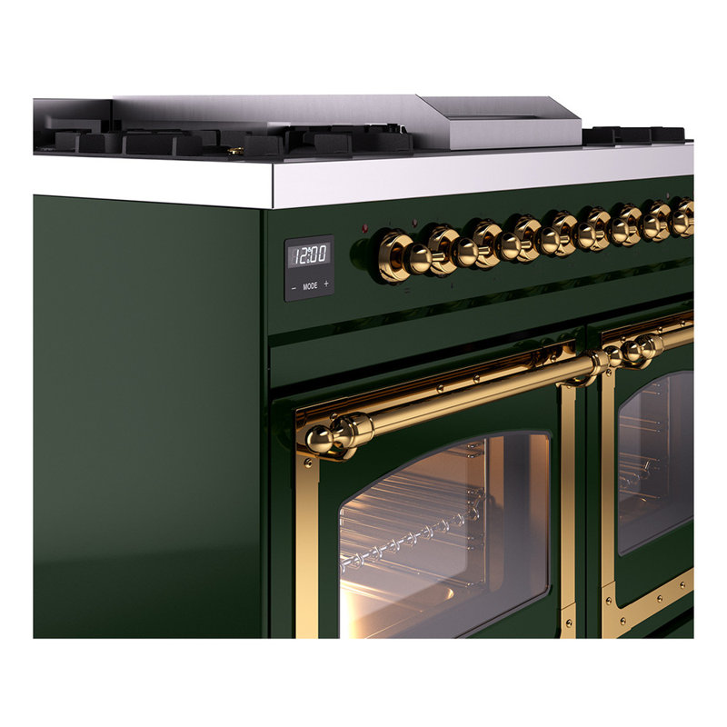 ILVE Nostalgie II Noblesse 40 in Dual Fuel Range, Emerald Green/Brass, Liquid Propane