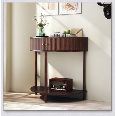 Artisan-Crafted Wave-Pattern Demi-Lune Console Table With Brown Woodgrain, Unique Half Moon Design End Table With 2 Storage Drawers And Bottom Shelf For Living Room, Bedroom, Study