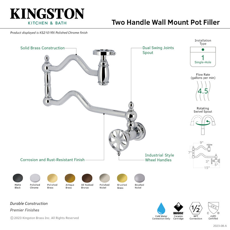 Kingston Brass Belknap Two-Handle 1-Hole Wall Mount Pot Filler Faucet, Oil Rubbed Bronze
